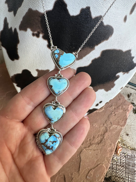 Handmade Sterling Silver Golden Hills Turquoise Drop Heart 4 Stone Necklace