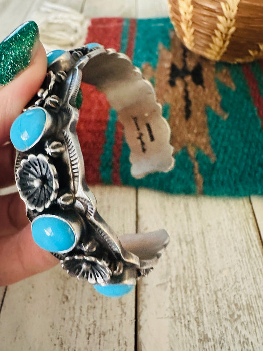 Navajo Turquoise & Sterling Silver Flower Cuff Bracelet