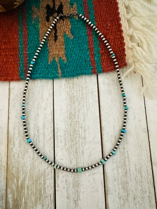 Navajo Sterling Silver Pearl & Turquoise Beaded Necklace 18”