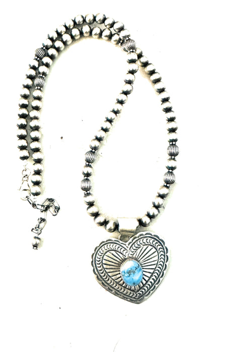 Navajo Golden Hills Turquoise & Sterling Silver Beaded Heart Necklace