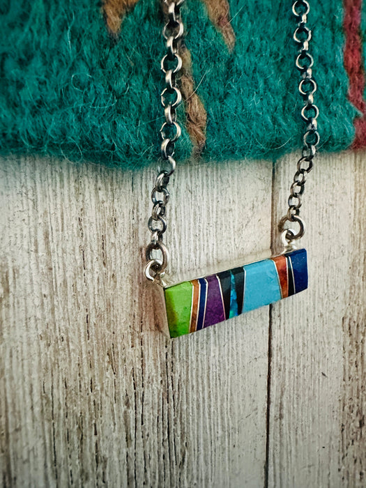 Navajo Multi Stone & Sterling Silver Inlay Bar Necklace