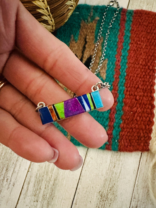 Navajo Multi Stone & Sterling Silver Inlay Bar Necklace