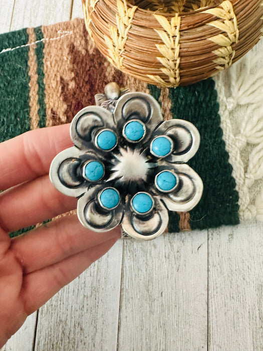 Navajo Sterling Silver & Turquoise Flower Cuff Bracelet