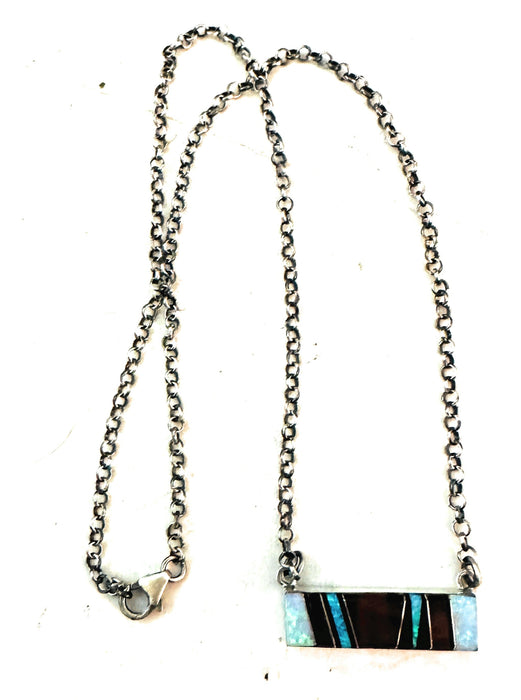 Navajo Multi Stone & Sterling Silver Inlay Bar Necklace