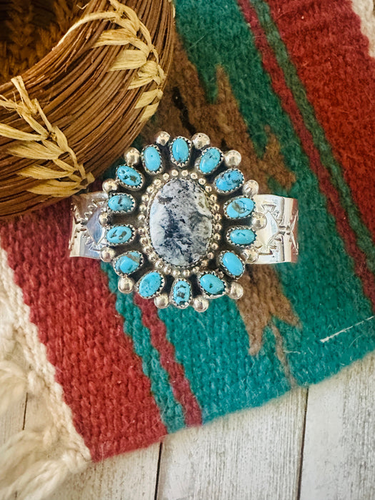 Navajo White Buffalo, Turquoise & Sterling Silver Cluster Cuff Bracelet