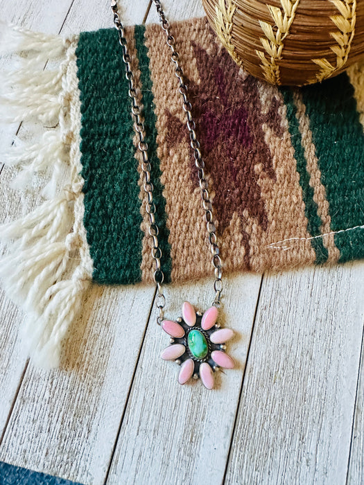 Navajo Sterling Silver, Queen Pink Conch Shell & Turquoise Necklace