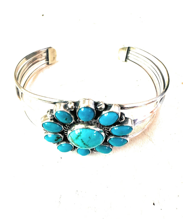 Navajo Kingman Turquoise & Sterling Silver Cluster Cuff Bracelet