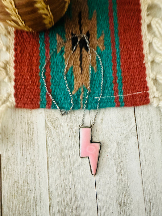 Navajo Sterling Silver & Queen Pink Conch Shell Lightning Bolt Necklace