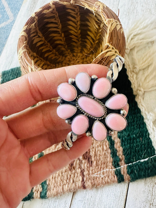 Navajo Queen Pink Conch Shell & Sterling Silver Cluster Cuff Bracelet