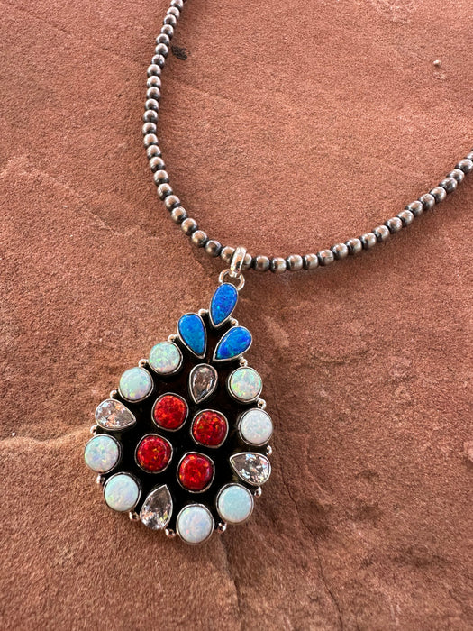 4th Of July Collection Handmade Sterling Silver & Red, White & Blue Fire Opal Cluster Necklace