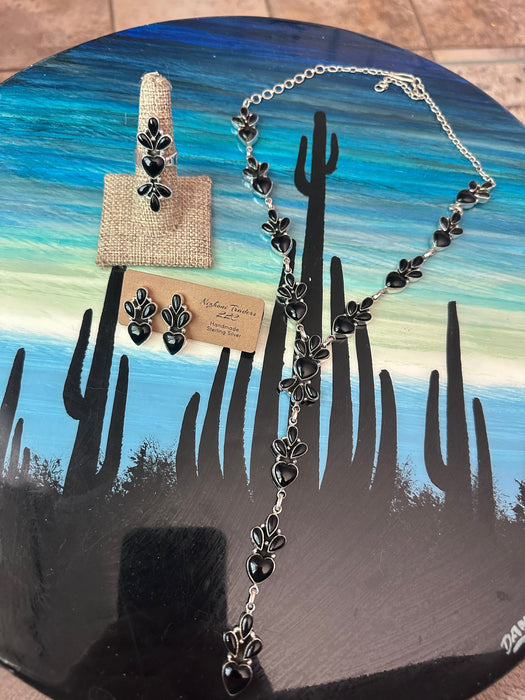 Beautiful Handmade Sterling Silver & Onyx Necklace, Ring & Earring Set