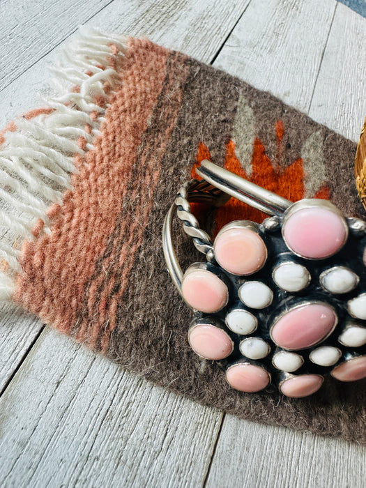 Navajo Queen Pink Conch, White Buffalo & Sterling Silver Cluster Cuff Bracelet