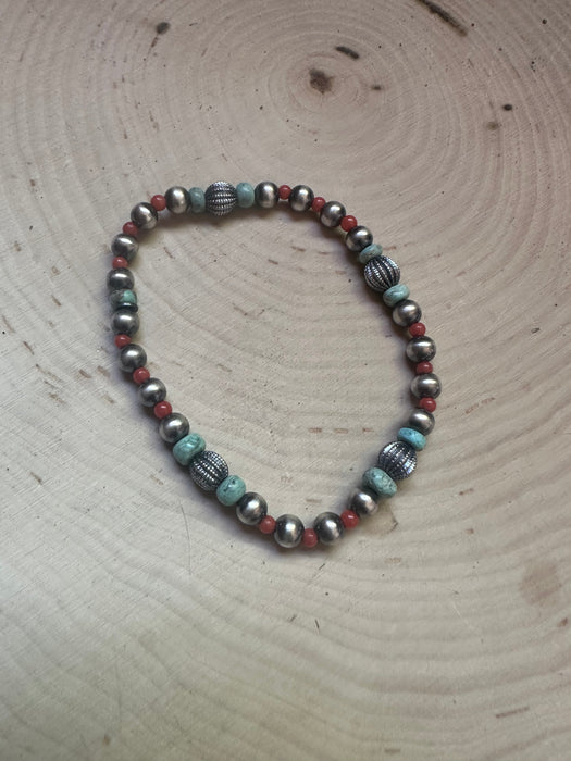 Handmade Turquoise, Coral & Sterling Silver Beaded Stretch Bracelet