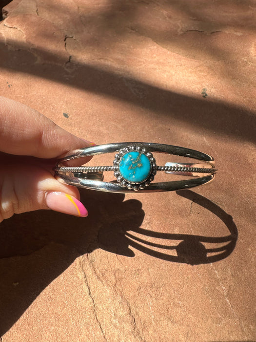 Handmade Sterling Silver & Single Stone Turquoise Adjustable Cuff Bracelet