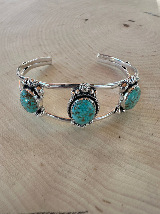 Nizhoni Handmade Sterling Silver & Number 8 Turquoise 3 Stone Adjustable Cuff Bracelet