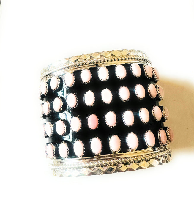 Stunning Navajo Queen Pink Conch Shell & Sterling Silver Cluster Cuff Bracelet