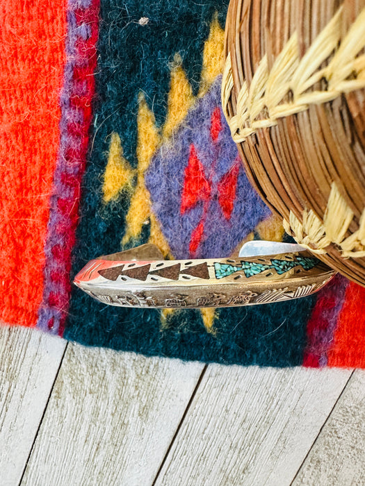 Old Pawn Navajo Sterling Silver, Coral & Turquoise Cuff Bracelet