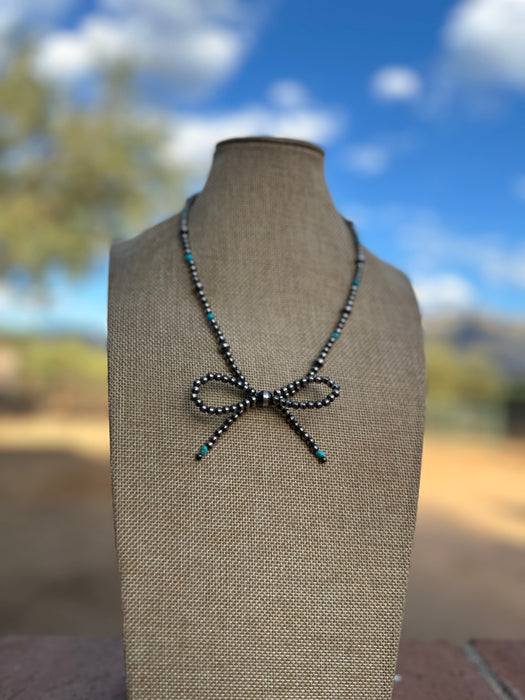 Navajo Made Sterling Silver & Turquoise  Pearl Beaded 3-5mm Bow Tie  Necklace 18 inches