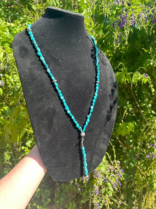 Nizhoni’s Handmade Sterling Silver Turquoise Beaded Lariat Cross Necklace