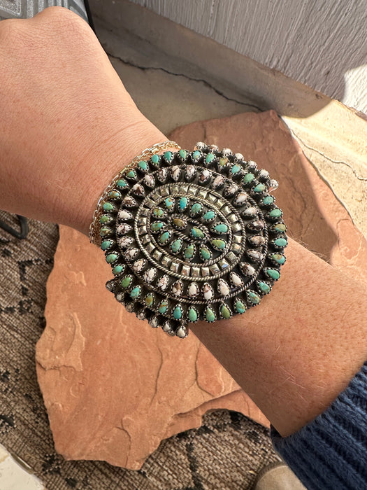 Handmade Sterling Silver, Wild Horse & Turquoise Cluster Cuff Bracelet Signed Nizhoni