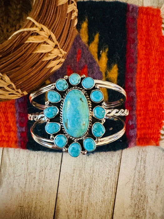 Navajo Kingman Turquoise & Sterling Silver Cluster Cuff Bracelet