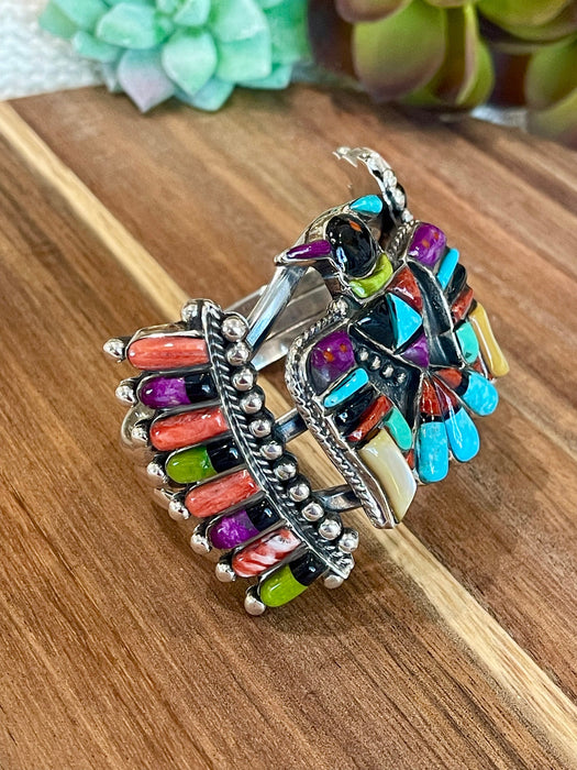 Handmade Sterling Silver Multi Stone Inlay Thunderbird Cuff Bracelet