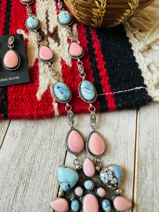 Navajo Queen Pink Conch, Turquoise & Sterling Silver Cluster Necklace Set