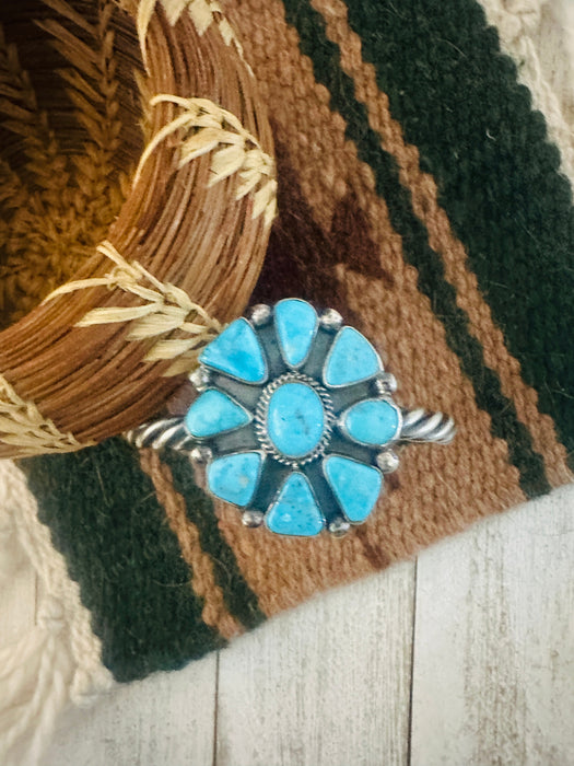 Navajo Kingman Turquoise & Sterling Silver Cluster Cuff Bracelet