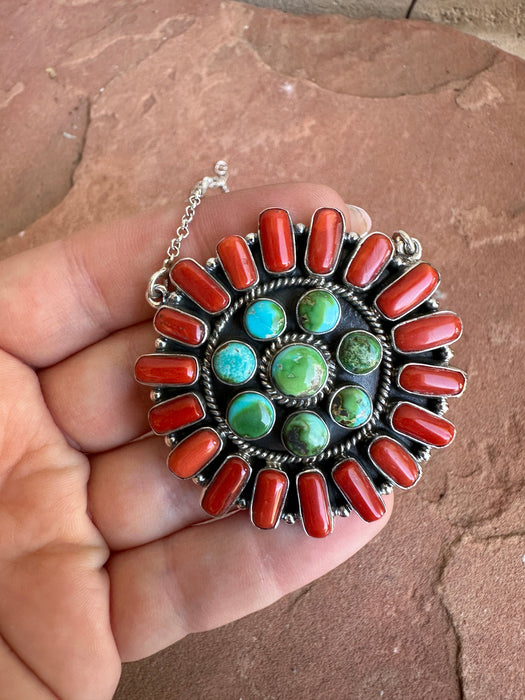 Beautiful Handmade Sterling Silver, Sonoran Mountain Turquoise & Coral Cluster Necklace Signed Nizhoni