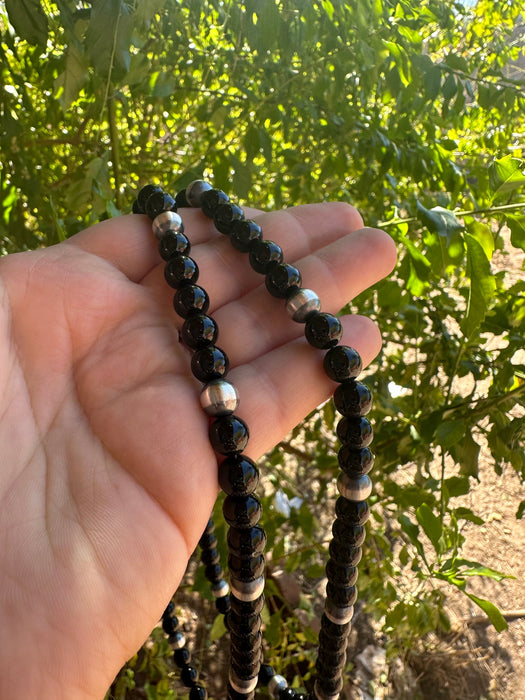 Navajo Pearl Sterling Silver & Black Onyx Beaded Necklace