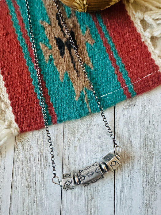 Navajo Hand Stamped Sterling Silver Beaded Chain Necklace