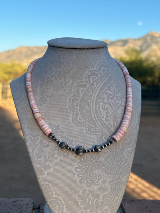 Handmade Pink Conch & Sterling Silver Beaded Necklace 18”-20” inch