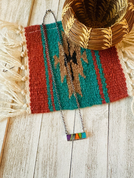 Navajo Multi Stone & Sterling Silver Inlay Bar Necklace