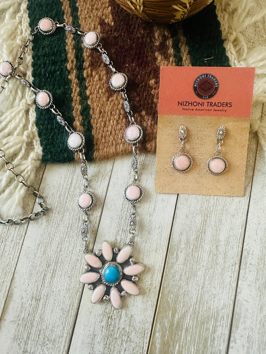 Navajo Queen Pink Conch, Turquoise & Sterling Silver Cluster Necklace Set