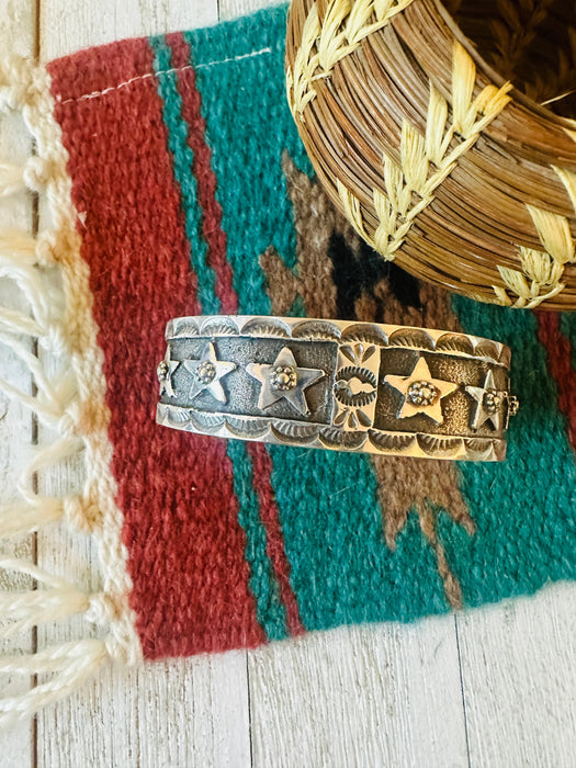 Navajo Hand Stamped Sterling Silver Feather Star Cuff Bracelet