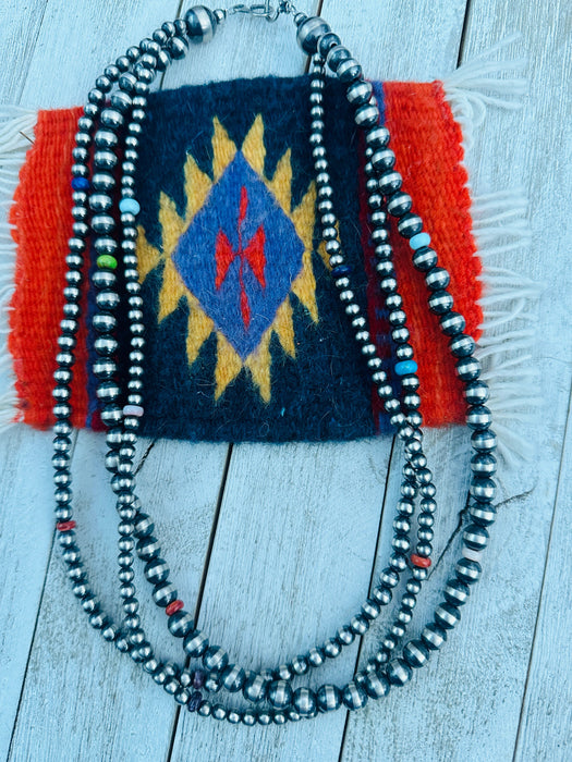 Navajo Multi Stone & Sterling Silver Pearl Triple Strand Beaded Necklace