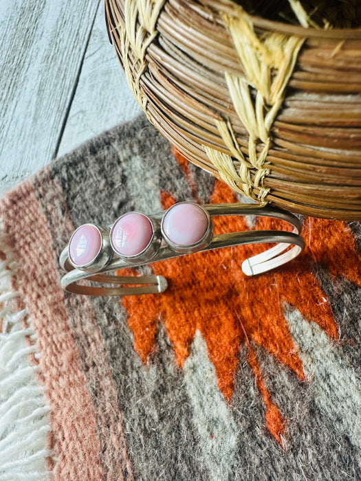 Navajo Queen Pink Conch Shell & Sterling Silver 3-Stone Cuff Bracelet