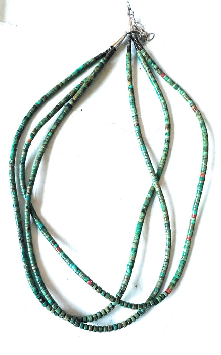 Navajo Turquoise, Coral & Heishi Triple Strand Beaded Necklace