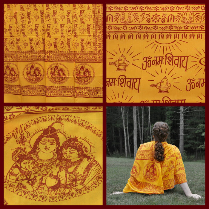 Meditation Yoga Prayer Shawl - Shiva, Parvati and Ganesh - Yellow Large