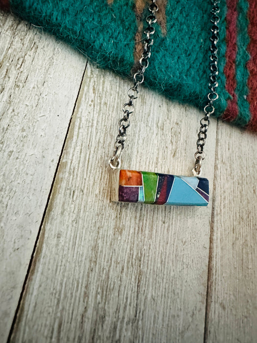 Navajo Multi Stone & Sterling Silver Inlay Bar Necklace