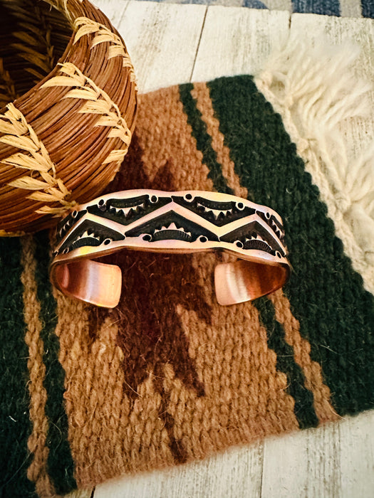 Navajo Hand Stamped Copper Cuff Bracelet Signed