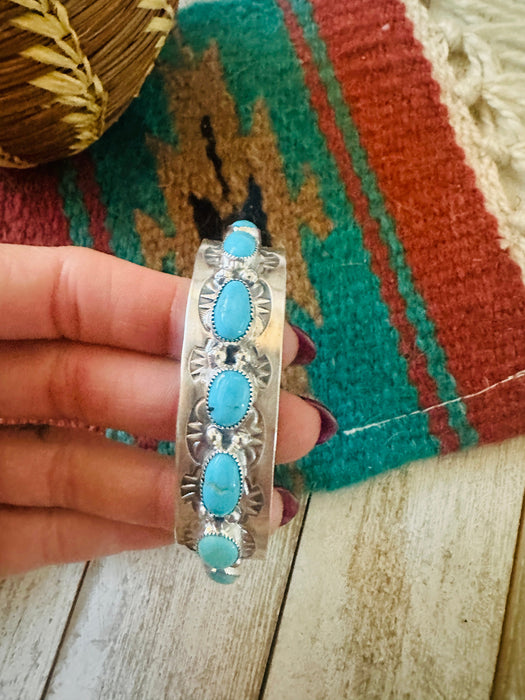 Navajo Hand Stamped Sterling Silver & Turquoise Cuff Bracelet by Benson Shorty