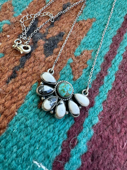 Beautiful Handmade Sterling Silver, White Buffalo & Sonoran Mountain Turquoise Crescent Necklace