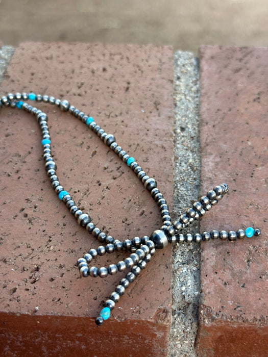 Navajo Made Sterling Silver & Turquoise  Pearl Beaded 3-5mm Bow Tie  Necklace 18 inches