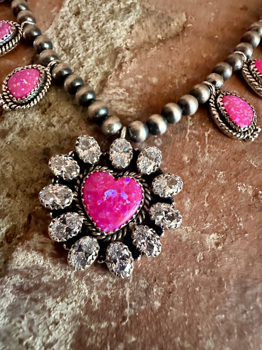 Handmade Hot Pink Fire Opal, Cz and Sterling Silver Heart Necklace