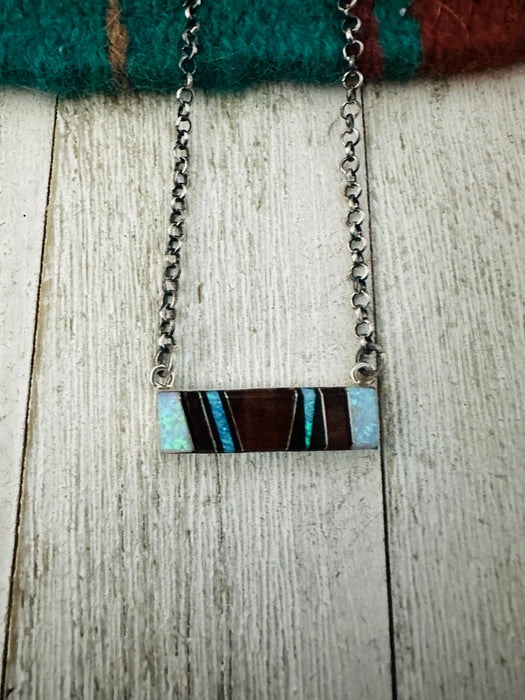 Navajo Multi Stone & Sterling Silver Inlay Bar Necklace