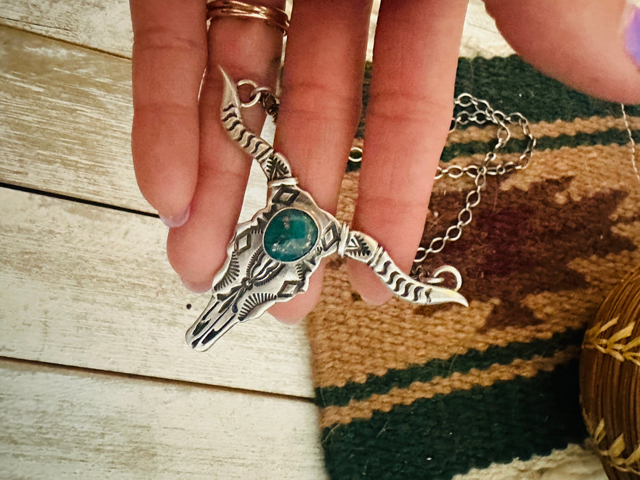 Navajo Sterling Silver & Turquoise Bullhead Necklace