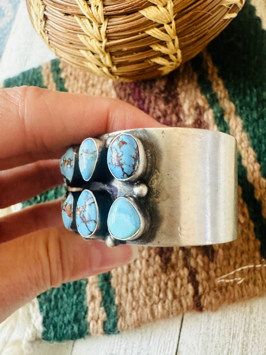 Navajo Sterling Silver & Golden Hills Turquoise Cluster Cuff Bracelet by Darrin Livingston