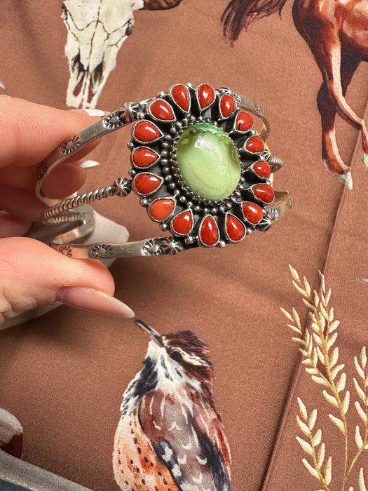 Handmade Sonoran Turquoise, Coral & Sterling Silver Cuff Bracelet Signed Nizhoni STYLE 4