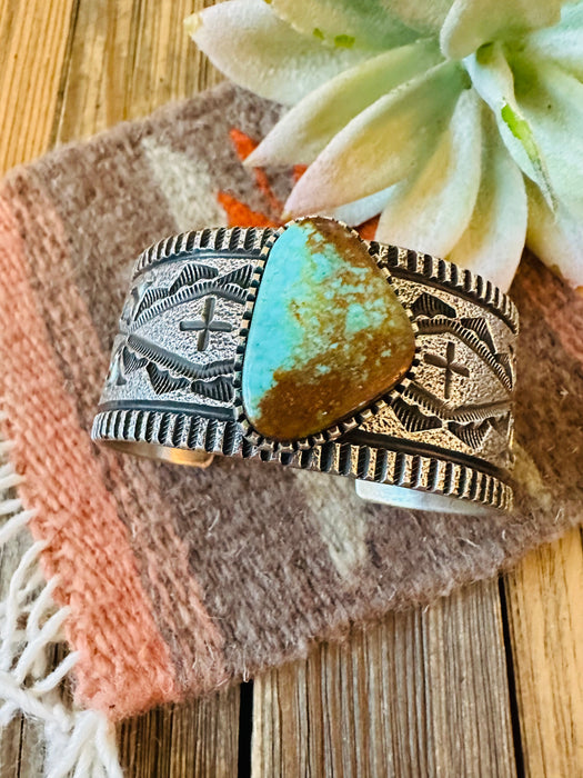 Navajo Royston Turquoise & Sterling Silver Tufa Cast Cuff Bracelet Signed